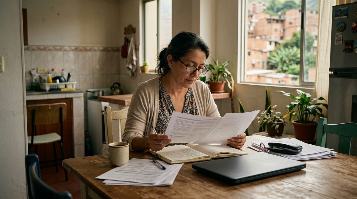 Mujer en la mesa de su cocina revisando documentos y tomando notas