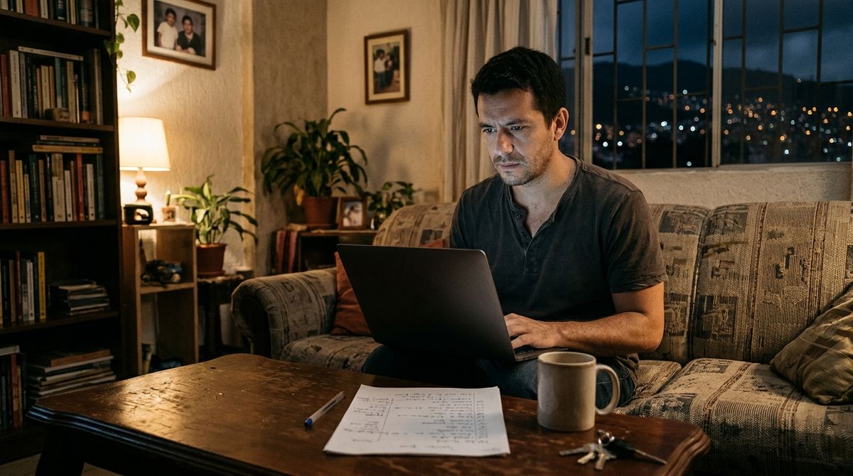 Hombre en la sala de su casa leyendo en una laptop con una hoja de notas sobre la mesa